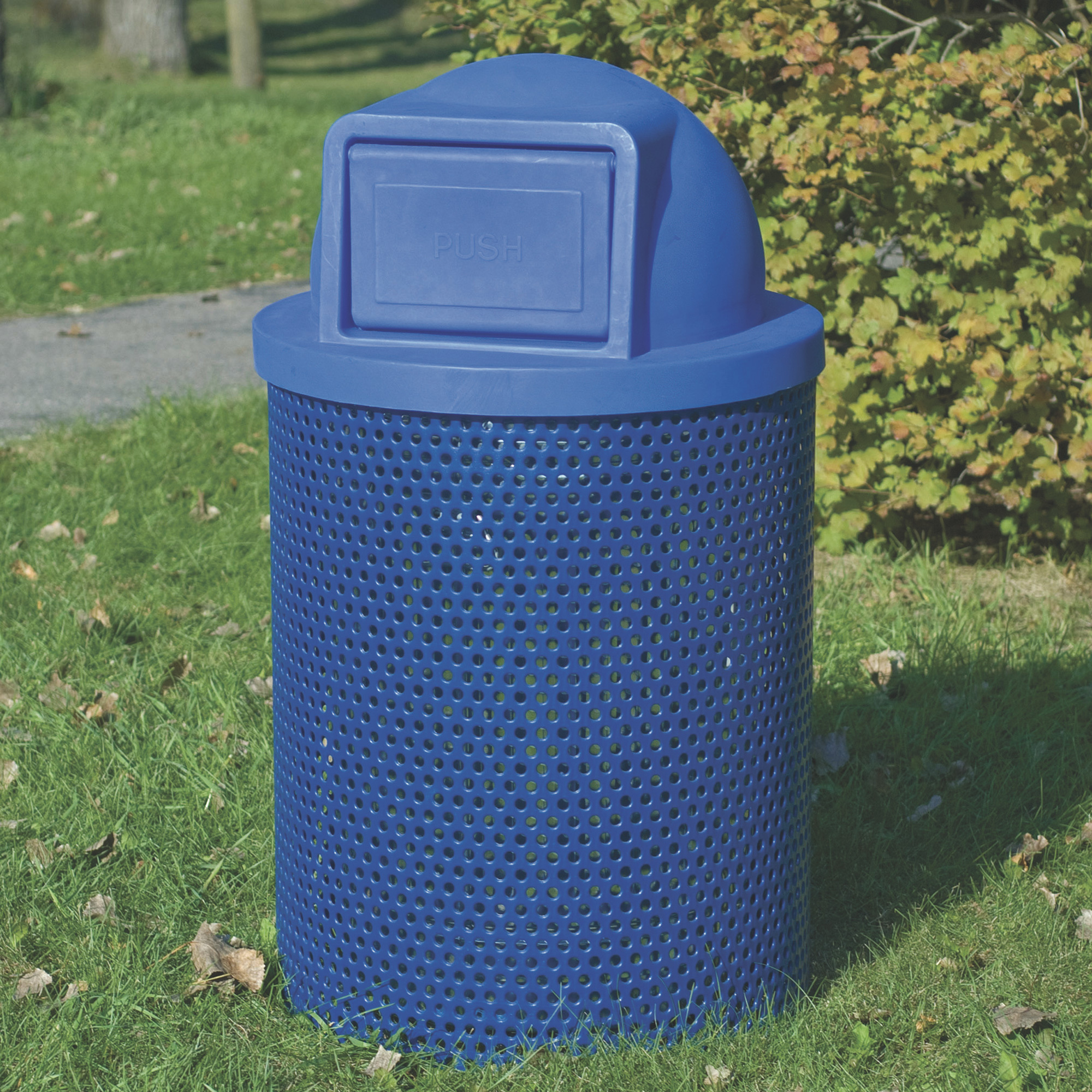 Pilot Rock Round Perforated Steel Trash Receptacle with Plastic Dome Lid, Blue, 28in. Dia. x 42in.H, Model# CN-R/RU-32